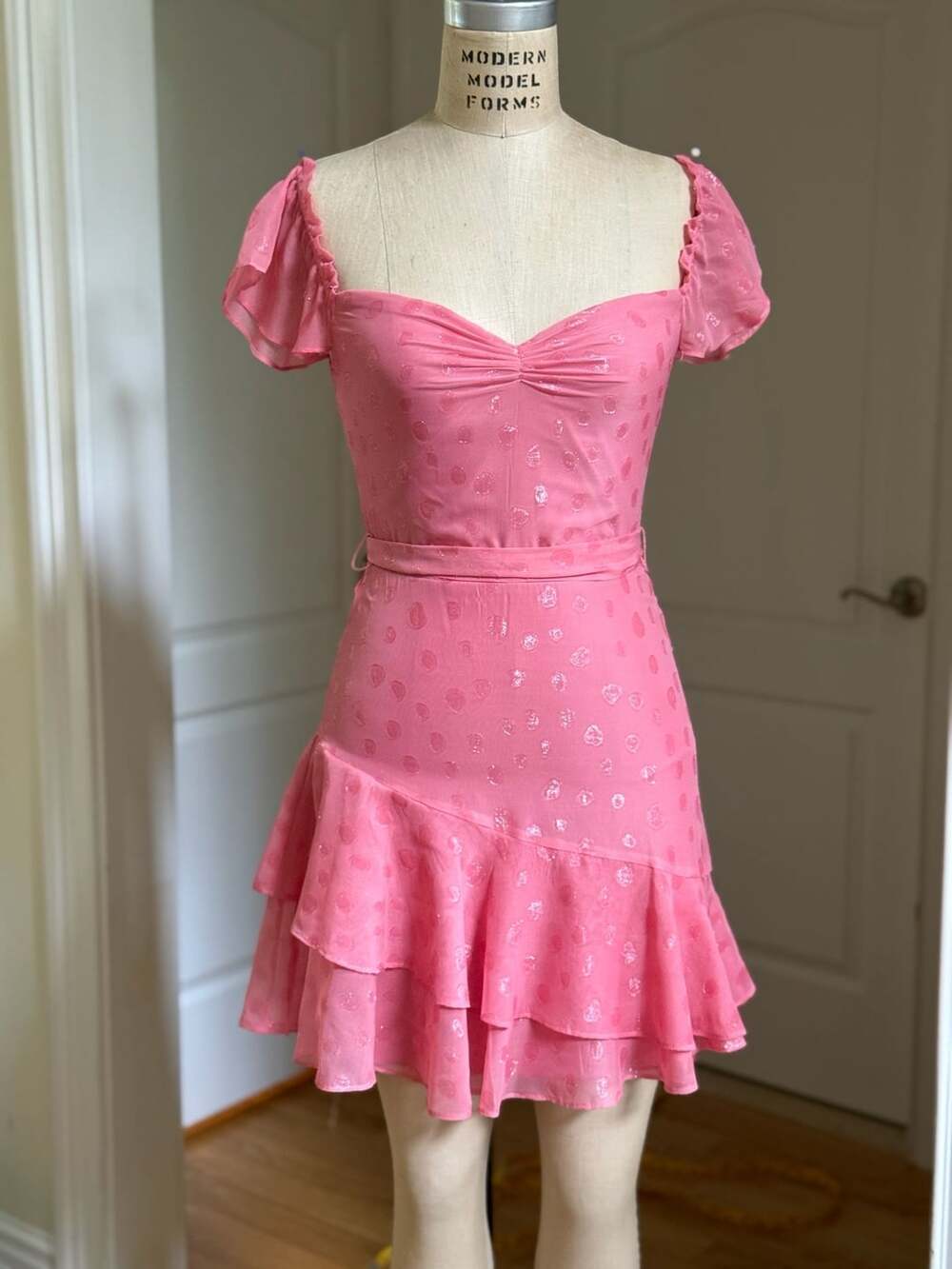 City Studio Pink Ruffled Ruched Pink Polka Dot Flutter Sleeve Off Shoulder Dress